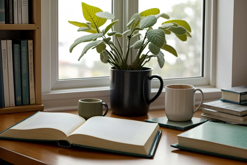 Pila de exámenes corregidos junto a una taza de té, apoyo visual para ejercicios de memoria en adultos con estrés